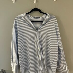 Zara Blue and White Oversized Striped Shirt
